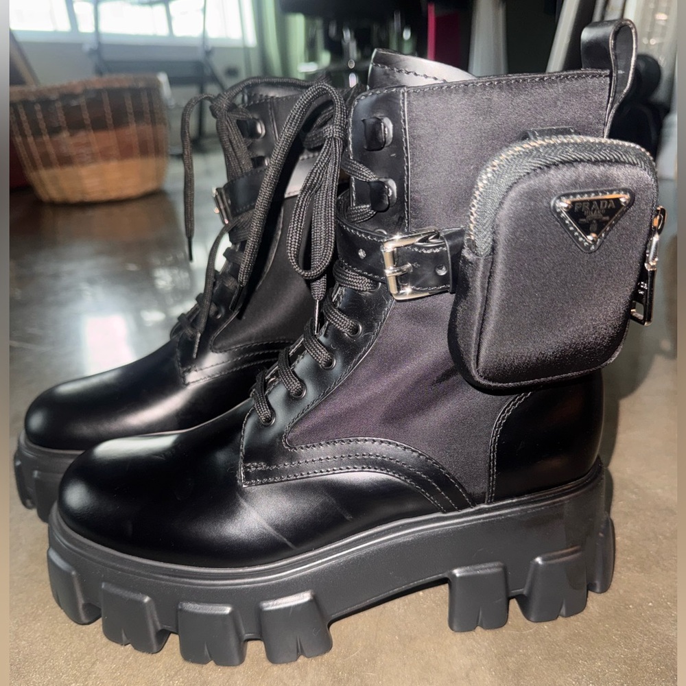 Prada Monolith brushed leather and Re-Nylon boots with pouch size 39